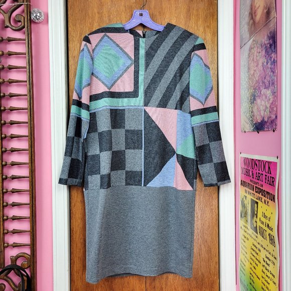 Vintage 80s Multi Color Geometric Print Knit Dress - Picture 5 of 7